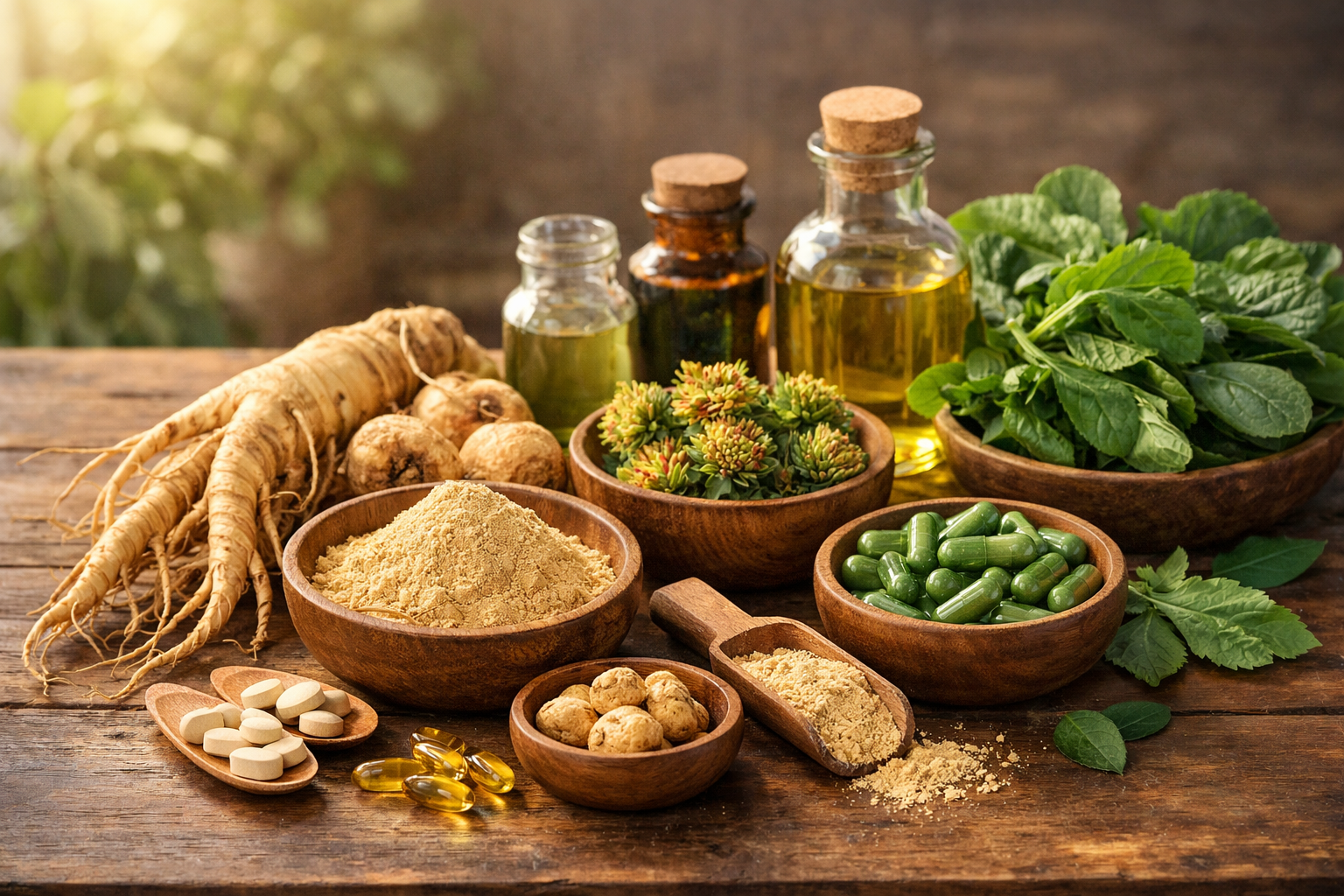 Natural herbal supplements and fresh ingredients arranged on a wooden table with soft morning light, featuring ginseng root, maca powder, rhodiola, and green leafy vegetables in a warm peaceful composition