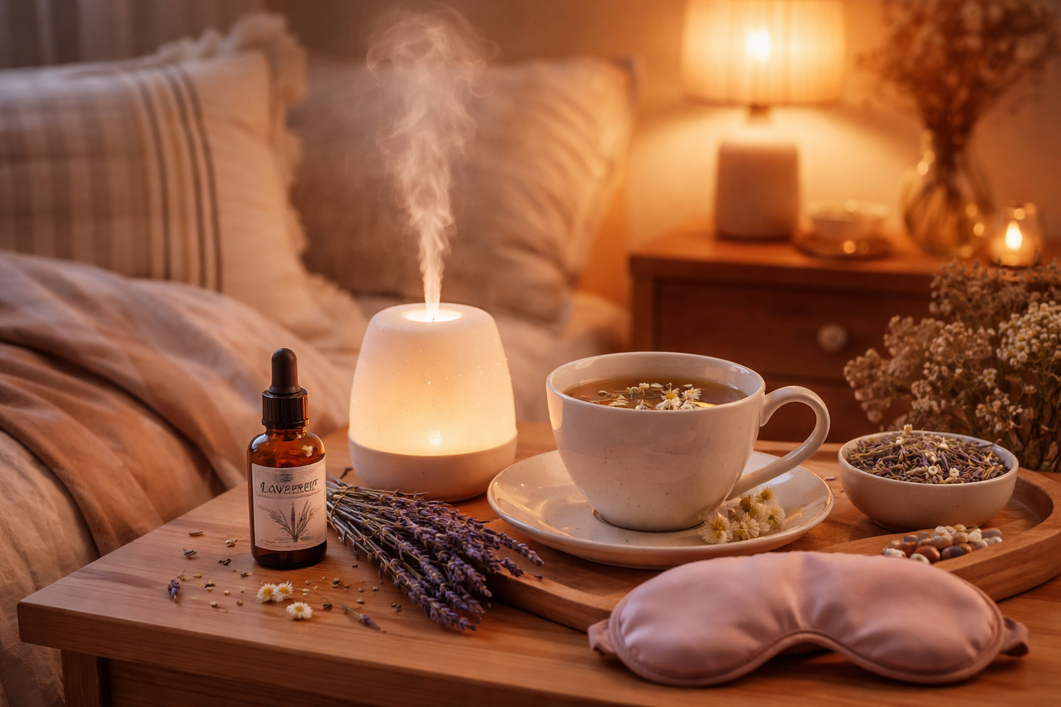 Peaceful bedroom scene with lavender essential oil, herbal tea cup, and natural sleep aids on bedside table, soft evening lighting creating a calm restful atmosphere